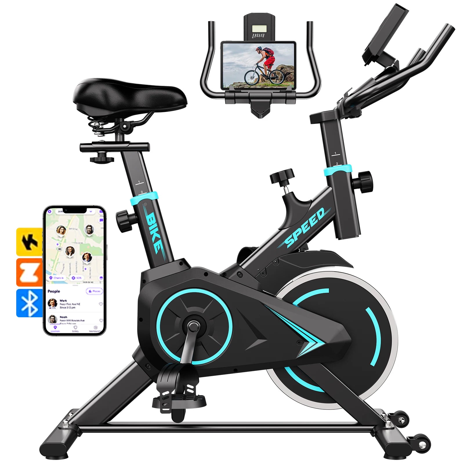 Upright spin bike with black frame and blue accents, Zwift-connected, phone mount on handlebars