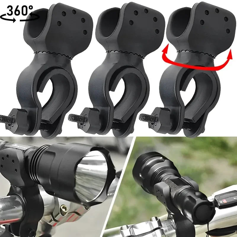 360-degree bicycle LED flashlight mount holder attached to a walking stick, featuring a sturdy design by MobilityBuy.