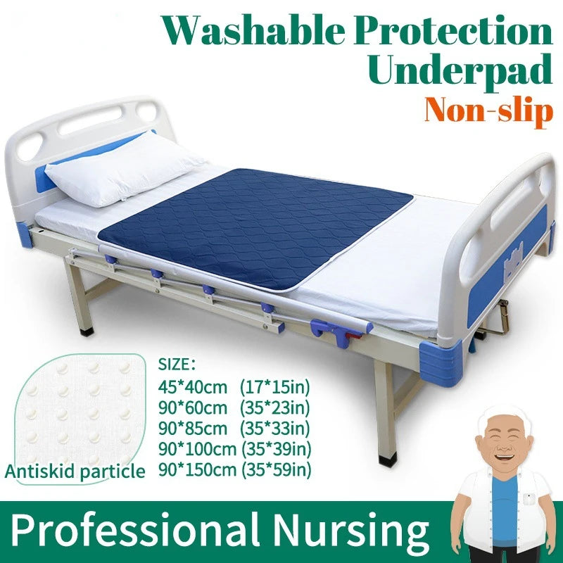 Washable waterproof incontinence bed pad designed for bedridden users, featuring a soft surface and absorbent layers.