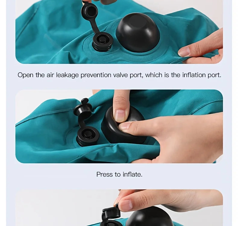 Ergonomic inflatable lumbar support pillow by MobilityBuy.com, teal fabric, press-to-inflate cushion for long flights.