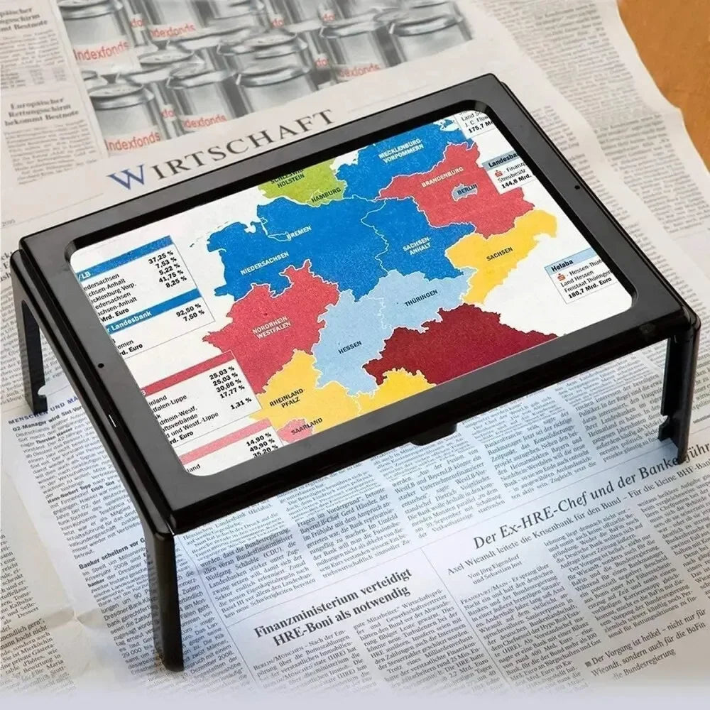 LED hands-free magnifier with detachable stand, showcasing large print viewing capabilities for easy reading.