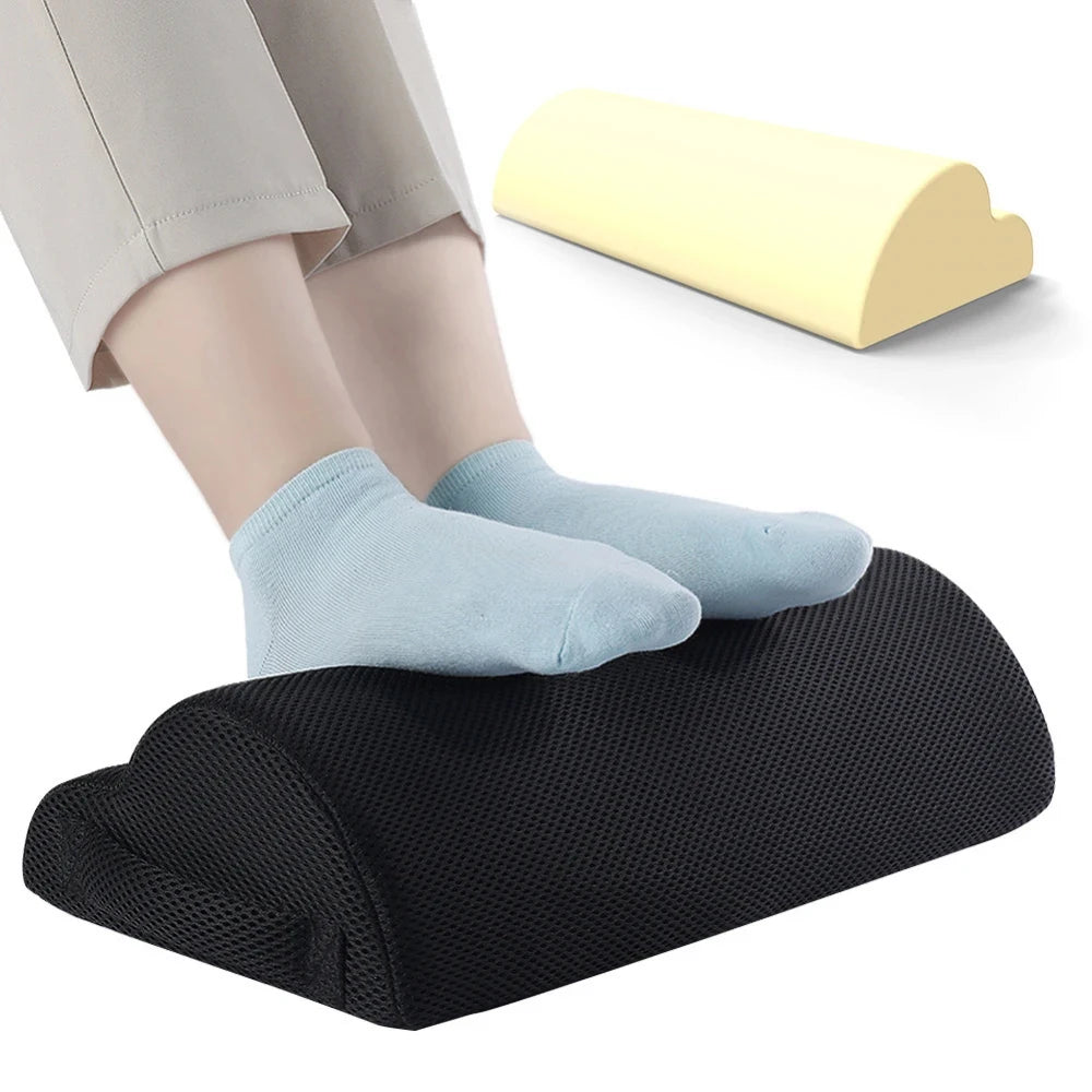 MobilityBuy.com memory foam under-desk footrest with black mesh cover for home office and gaming