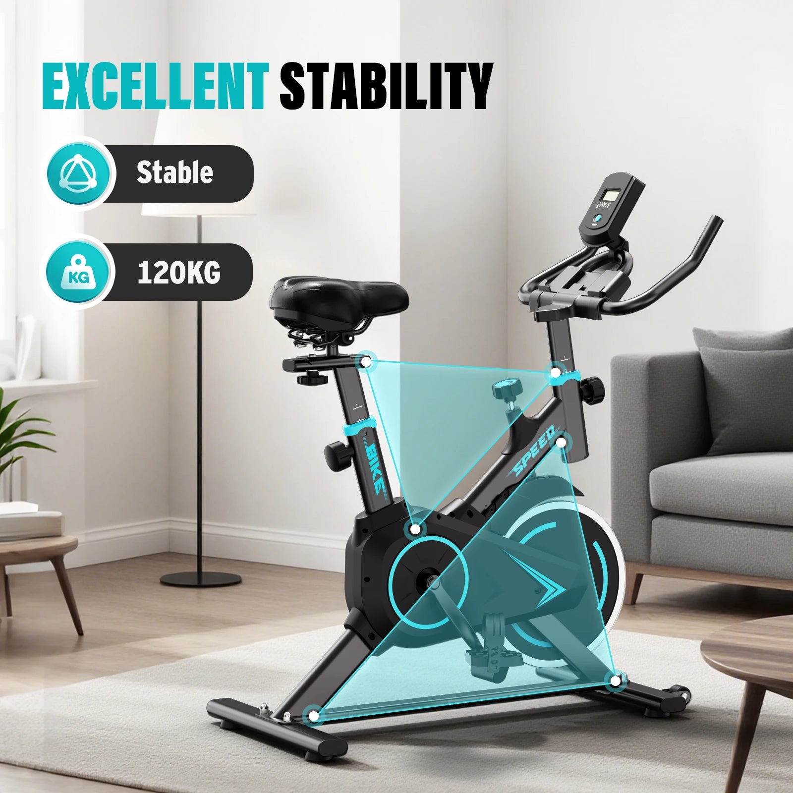 Upright spin exercise bike with LCD display and turquoise frame accents in a living room.