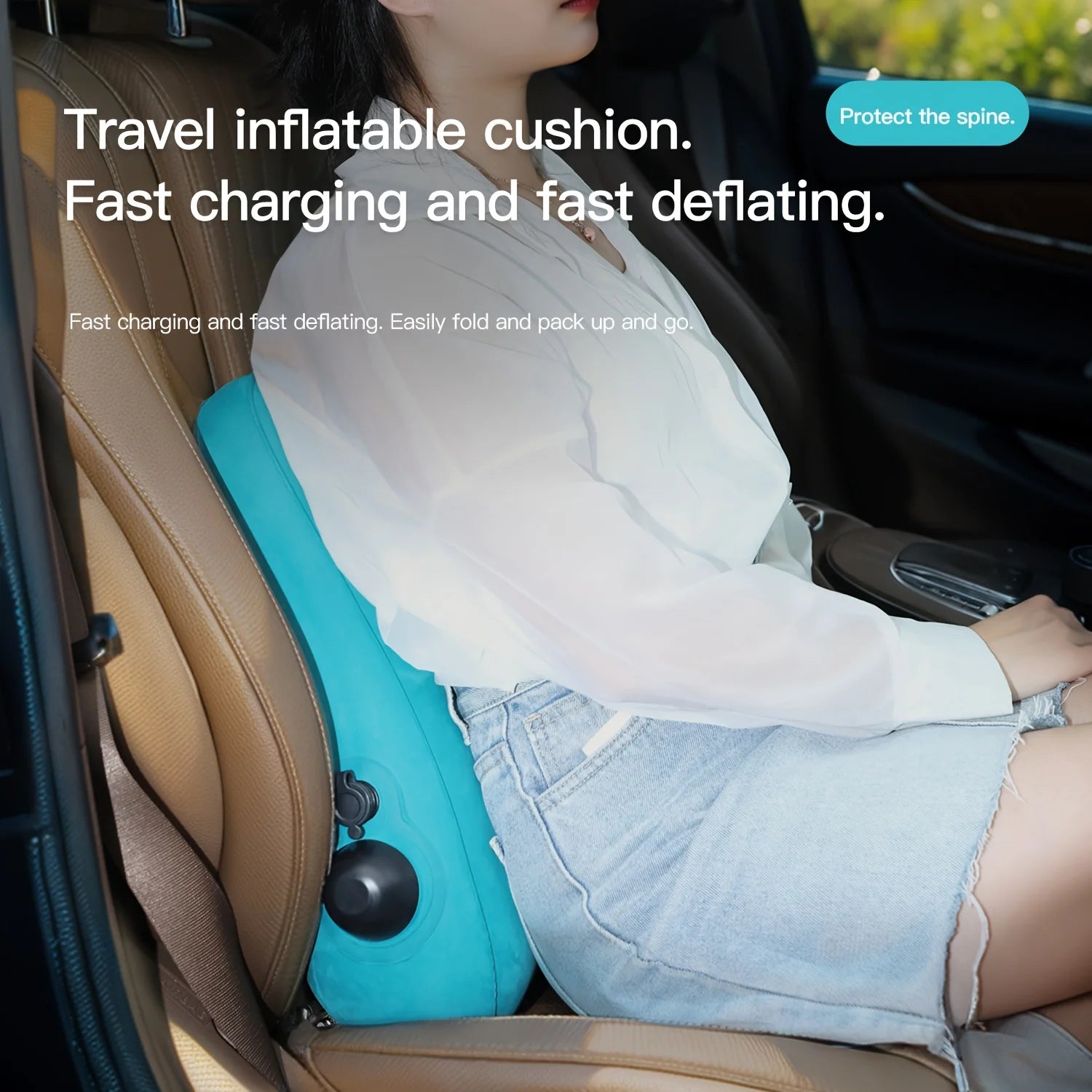 Ergonomic inflatable lumbar support pillow by MobilityBuy.com in turquoise; press-type travel cushion for back support in a car.