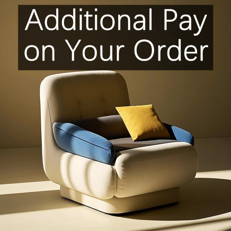 Beige upholstered armchair with blue arm cushions and a yellow throw pillow; text reads Additional Pay on Your Order