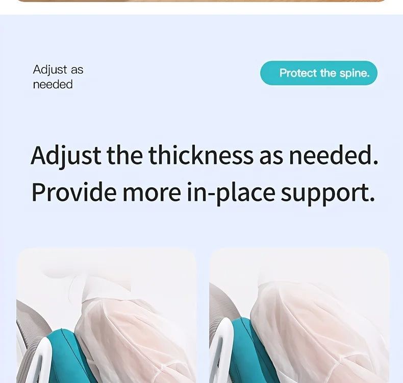 Ergonomic inflatable lumbar support pillow in teal, travel cushion with adjustable thickness for long flights