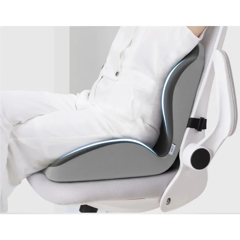 Lumbar support memory foam cushion for ergonomic chair, grey pad with blue edge trim, MobilityBuy.com