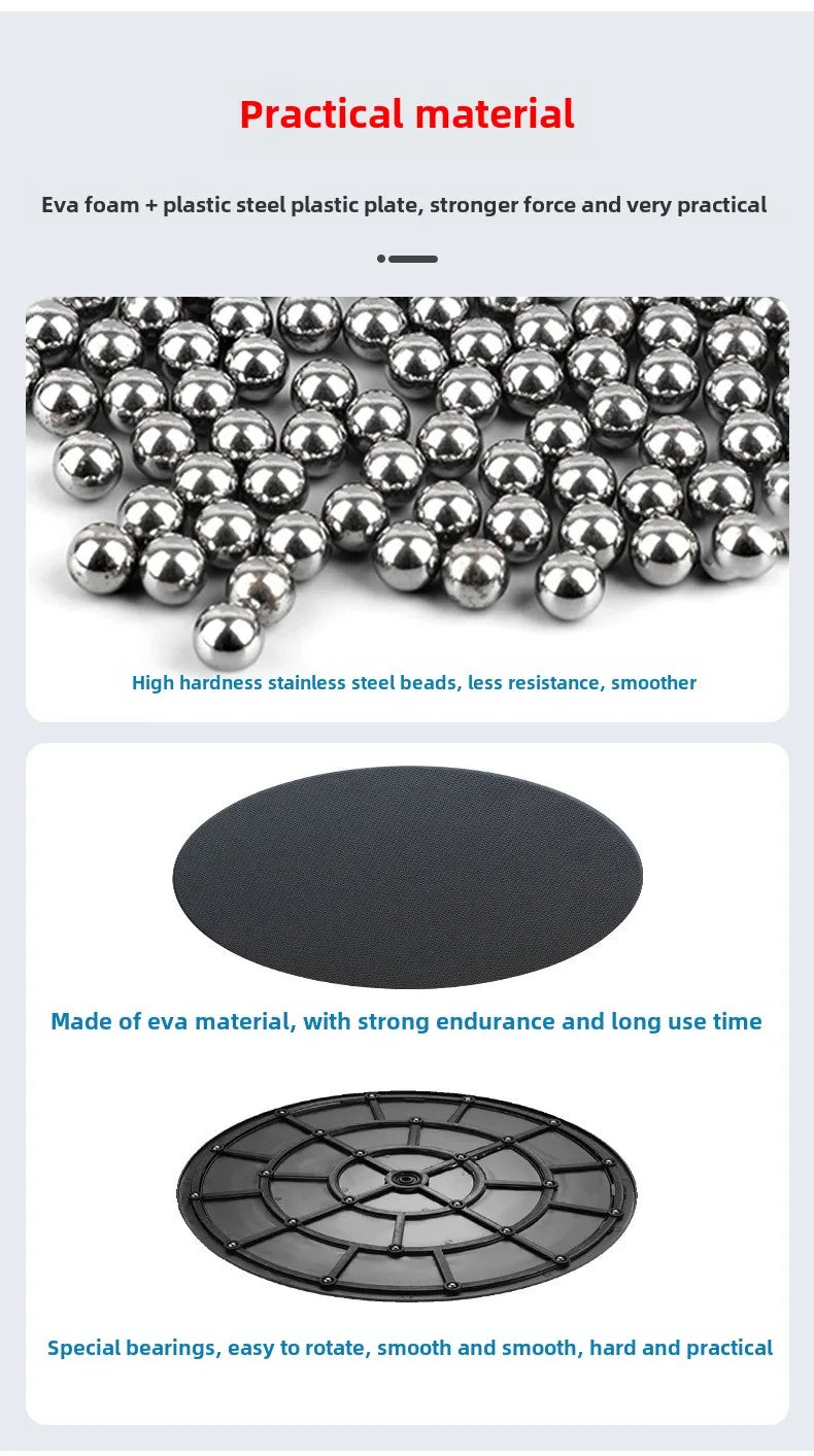 MobilityBuy.com three-piece bed transfer turntable components: stainless steel beads, EVA foam pad, circular base