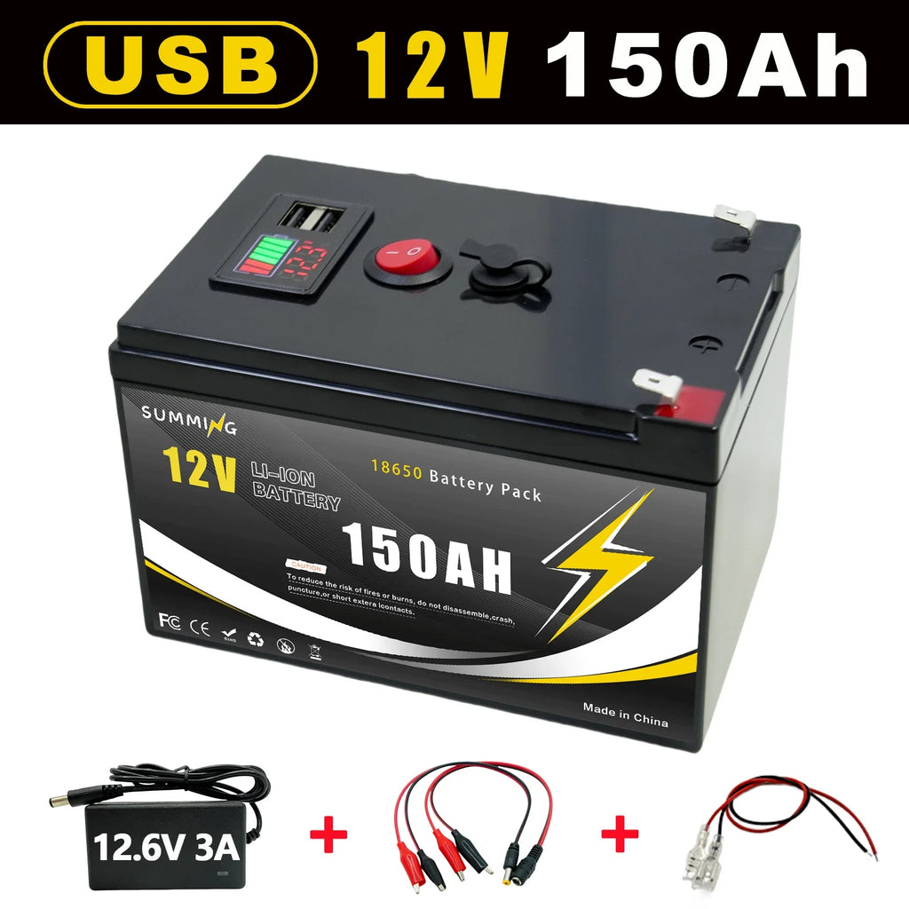 12V Lithium LiFePO4 mobility battery with USB port, featuring a compact design for scooters and portable devices.