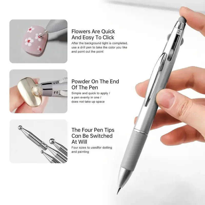 MobilityBuy 5-in-1 Nail Art Dotting Pen, metallic silver with four interchangeable tips for dotting and painting