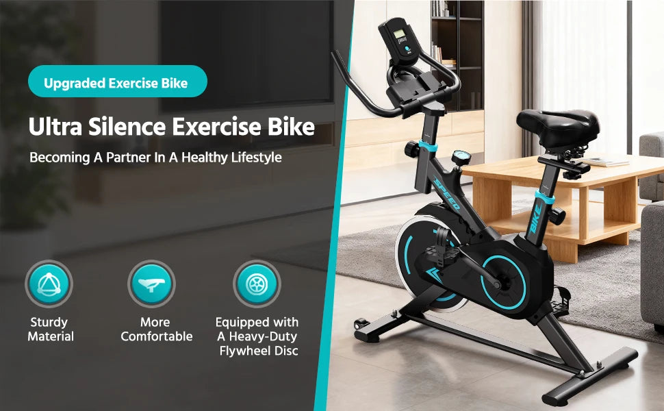 MobilityBuy.com upright spin exercise bike with black frame and cyan accents for home gym use