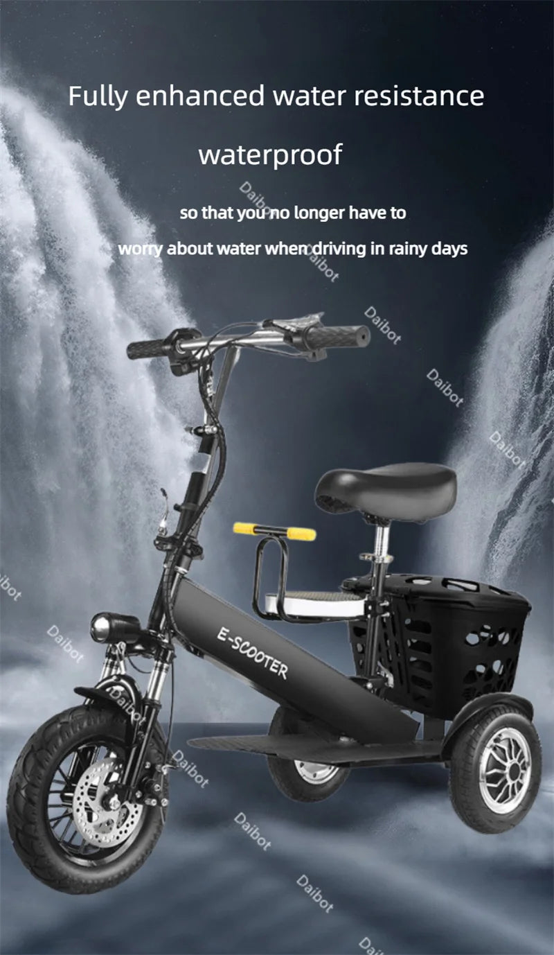 Foldable three-wheeled electric tricycle with rear basket and toddler seat, 500W 36V, black MobilityBuy.com