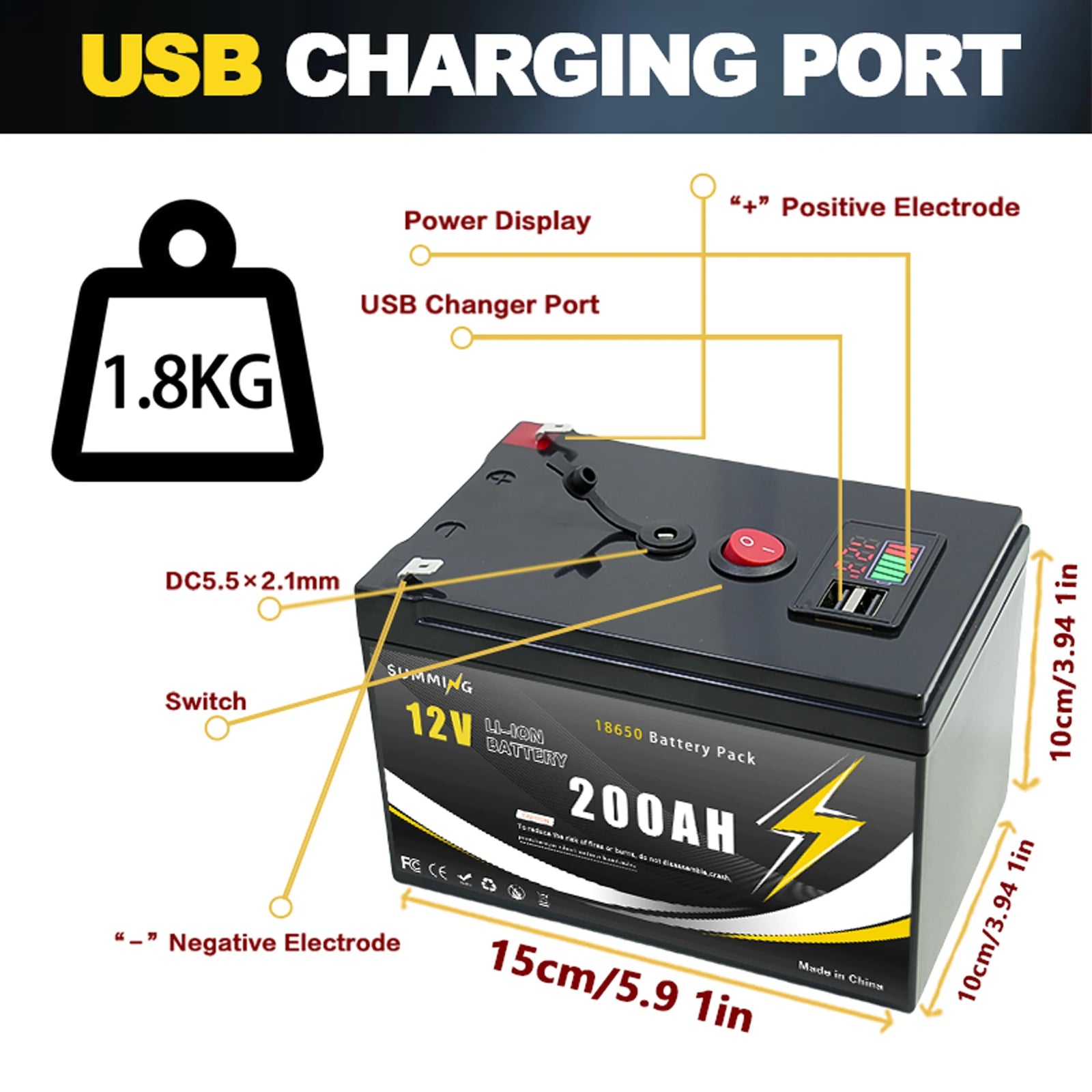 12V Lithium LiFePO4 mobility battery with USB port, showing compact design and connection terminals.