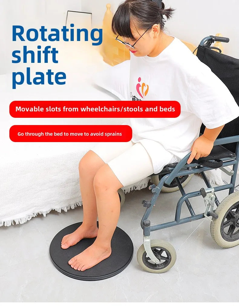 Rotating shift plate for wheelchairs and beds; black circular turntable to aid home transfers