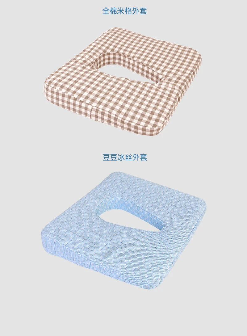 Premium orthopaedic pressure relief wheelchair seat cushion in soft fabric, designed to prevent bedsores.