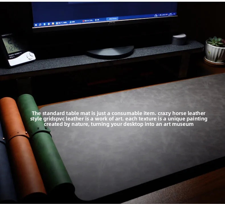 Three-piece PU desk mat set, waterproof large mouse pad, non-slip surface; orange, green, and brown rolled mats