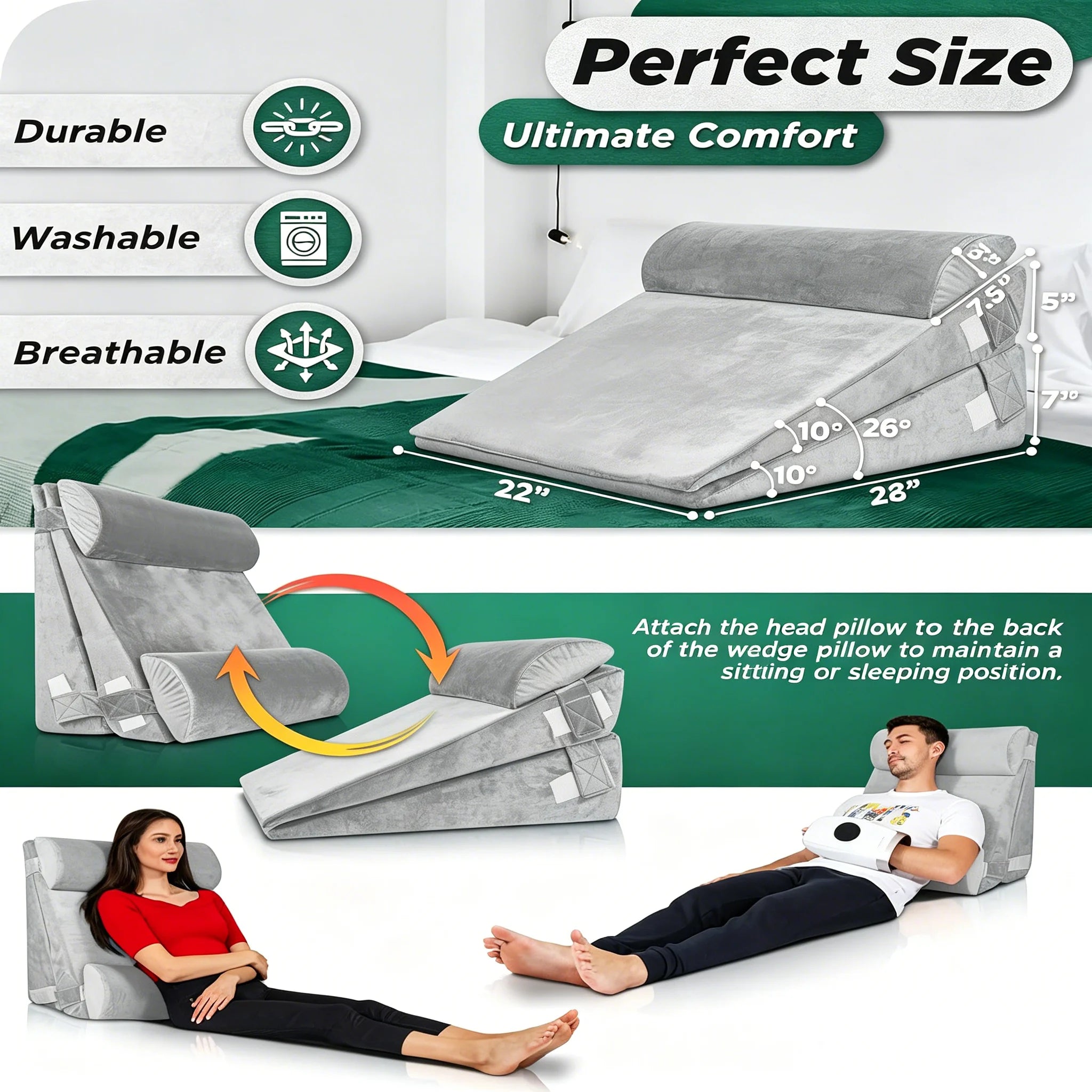 4 Piece Adjustable Wedge Pillow Set for Multi Angle Bed Ergonomic Sleep Support - MobilityBuy.com 