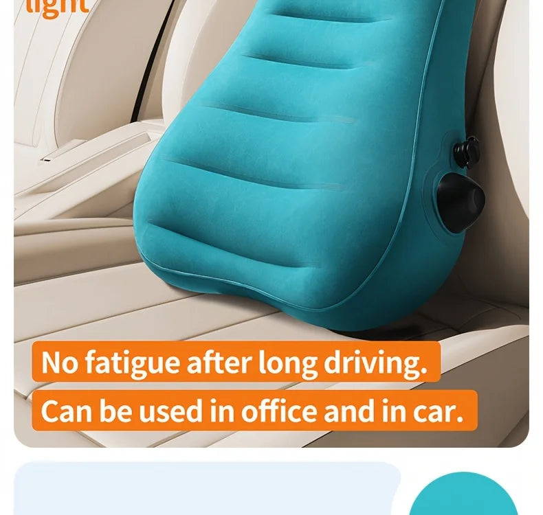Ergonomic inflatable lumbar support pillow teal press-type cushion for long-distance flights, car and office use