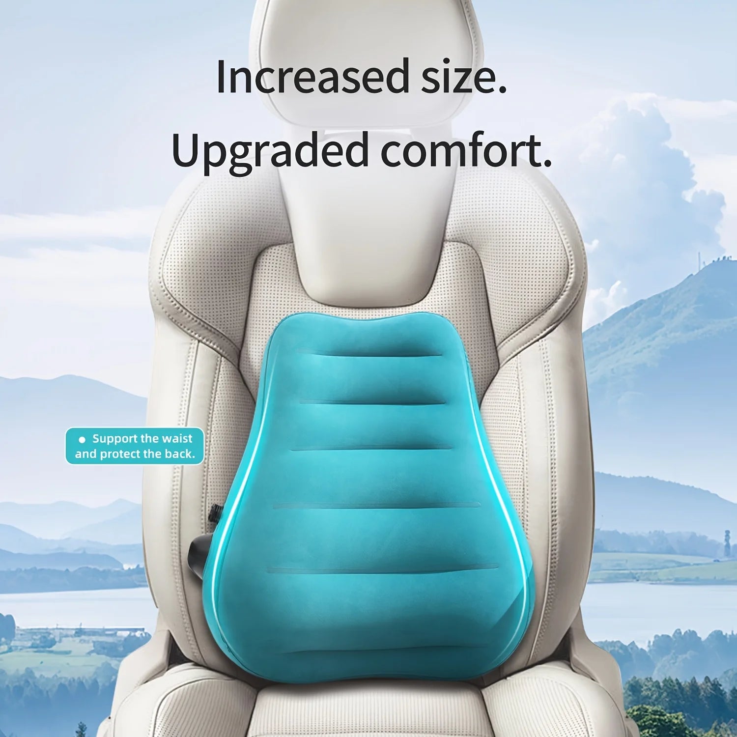 Ergonomic inflatable lumbar support pillow, turquoise blue, on beige seat for back comfort during travel