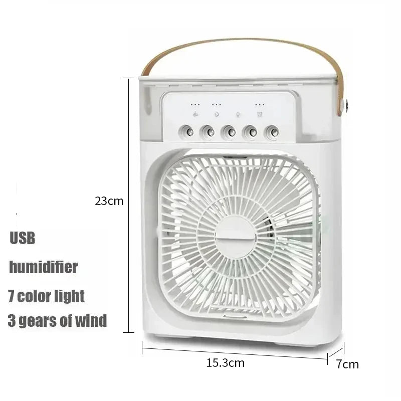 White 3-in-1 portable air cooler with humidifier and 7-color LED night light; USB fan, compact 23 cm tall.