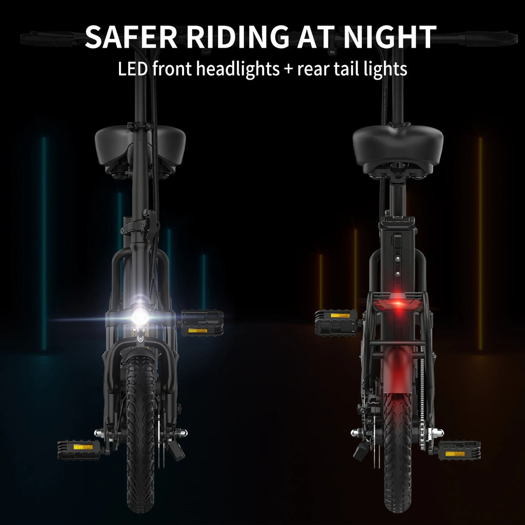 Hidoes C5 folding electric bike, 14-inch wheels, front headlight and rear taillight, shown in front and rear views.