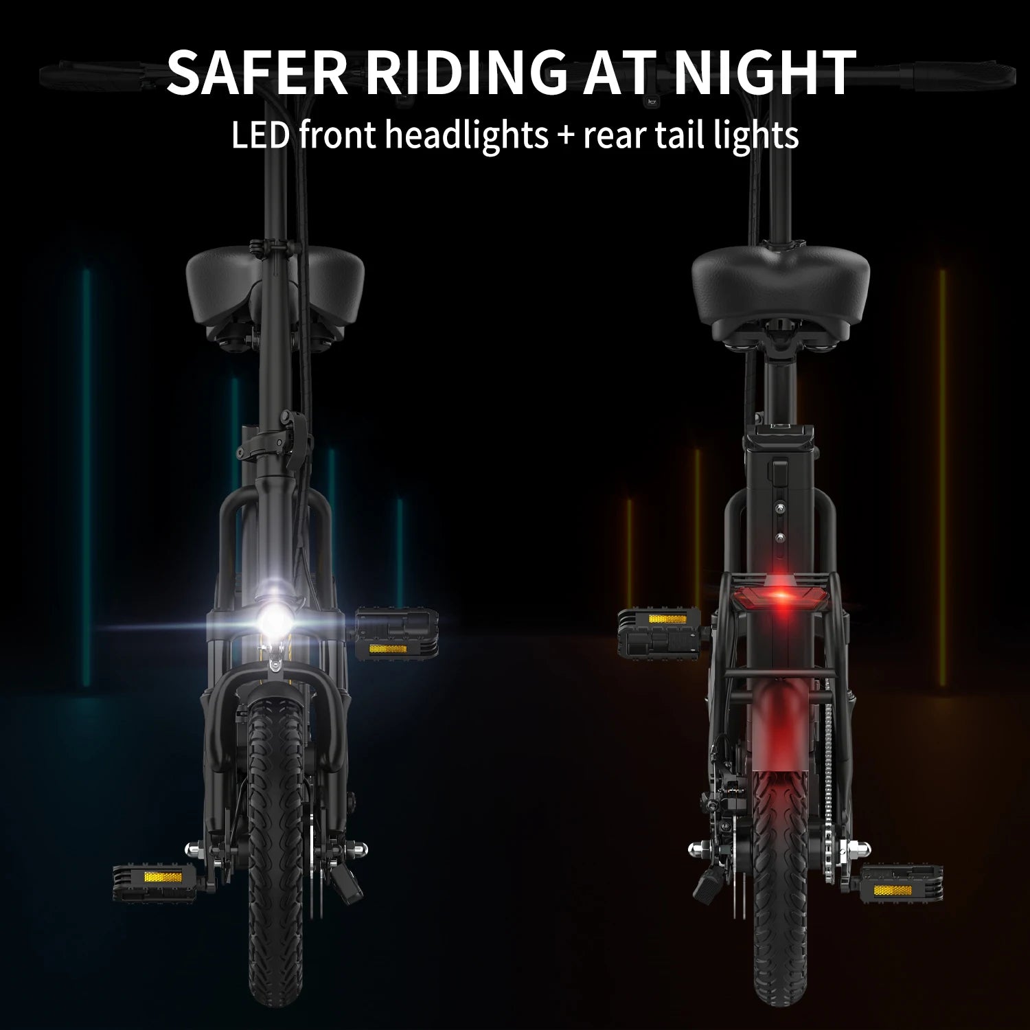 Hidoes C5 folding electric bike, 14-inch wheels, front headlight and rear taillight, shown in front and rear views.