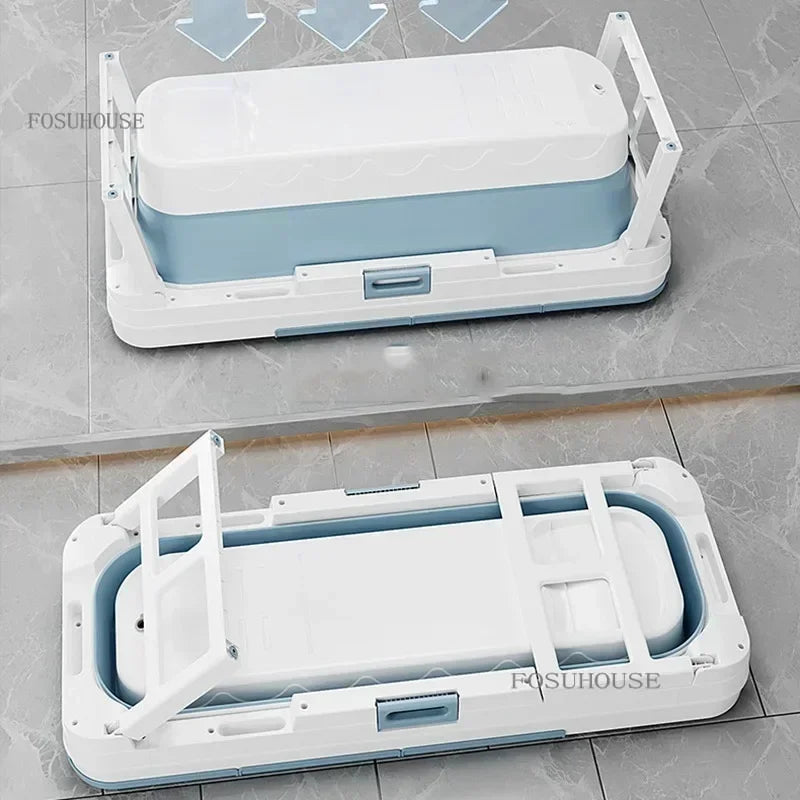 MobilityBuy portable folding bathtub for adults and children, blue interior with white lid, plastic spa tub.