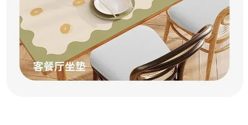 Dining chair cushion with ultra-thick light gray soft foam padding on a wooden chair for long seating comfort