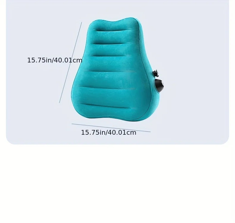 Ergonomic inflatable lumbar support pillow, teal with air valve, ideal for long flights