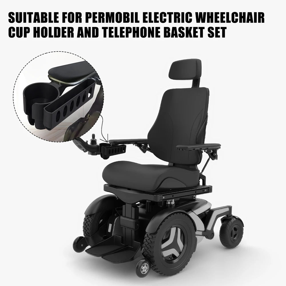 Permobil Electric Wheelchair Cup Holder And Phone Basket Set 1 Or 2 Pack - MobilityBuy.com 