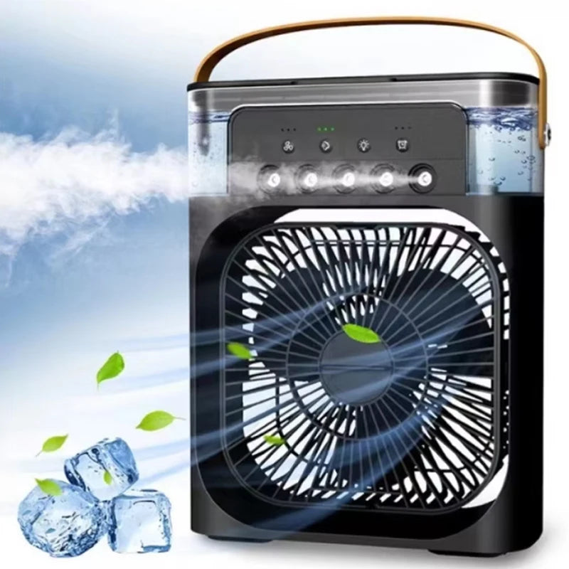 Portable air cooler humidifier by MobilityBuy.com with 500mL tank, mist spray, black body and brown carrying handle