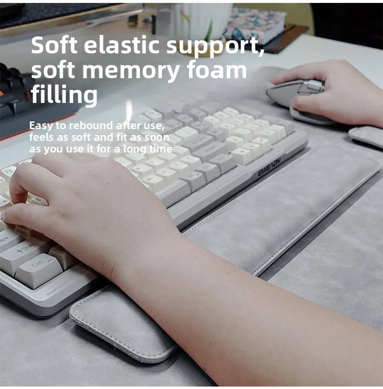 Desk mat three-piece set; waterproof PU mouse pad, large gray non-slip desk pad with wrist rest