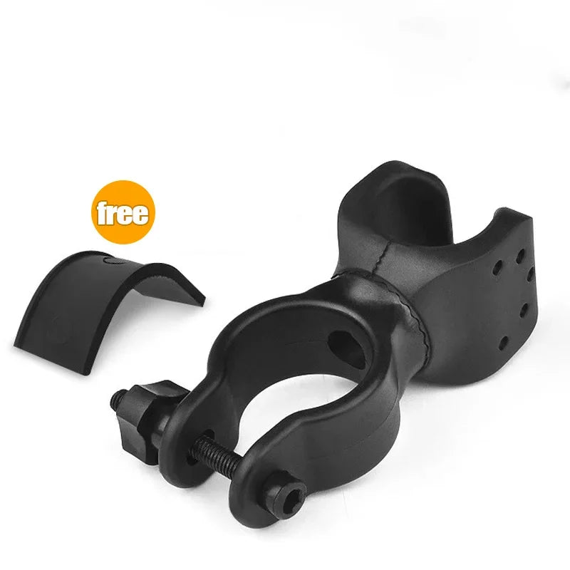 360-degree bicycle LED flashlight mount holder by MobilityBuy, designed for walking sticks and bicycles, showcasing adjustable fit.