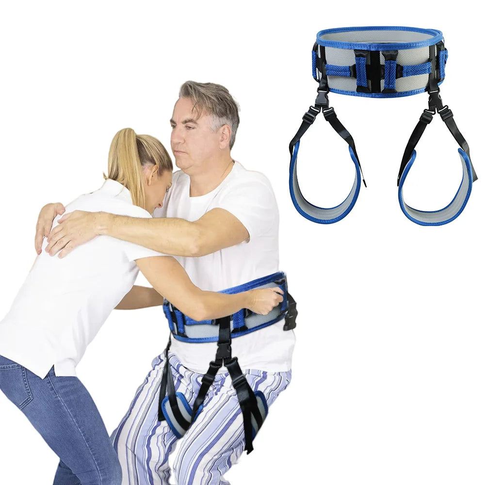 Bed transfer belt by MobilityBuy.com, blue-gray patient shifter with straps for turning and transferring elderly patients