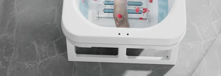 Portable folding bathtub white plastic spa tub for adults in a bathroom with gray tile floor