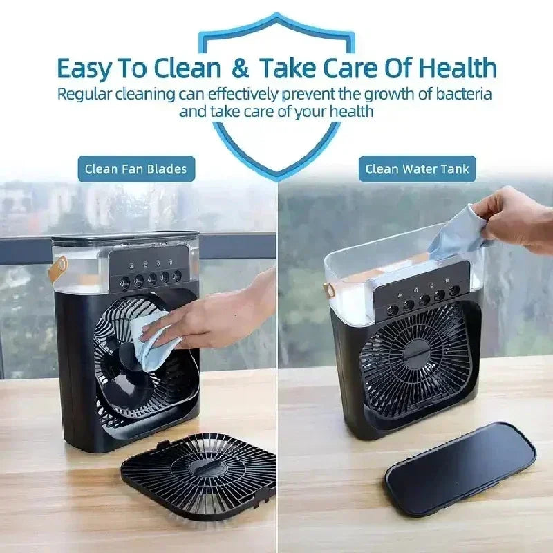 MobilityBuy 3-in-1 portable air cooler with humidifier and LED night light, black compact desk fan for office or home
