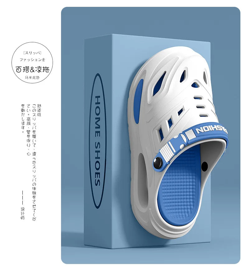 White and blue slip-on clogs by MobilityBuy.com with arch support and anti-slip sole