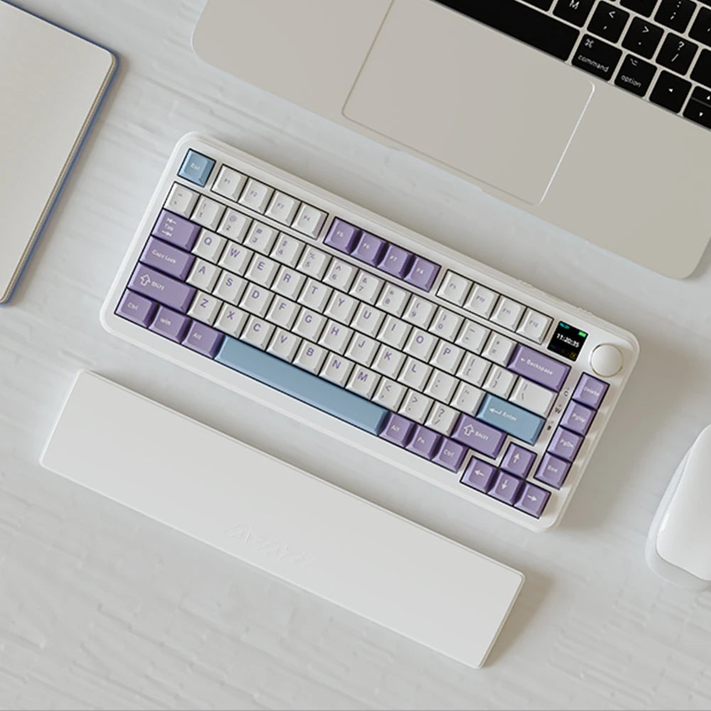 Gaming keyboard wrist rest pad with memory foam and anti-slip rubber base; white with pastel purple/blue accents.