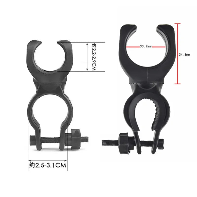 360-degree bicycle LED flashlight mount holder attached to a walking stick, designed for versatile outdoor use.