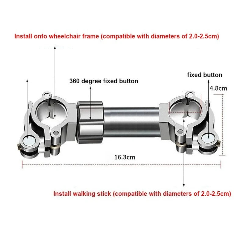 Cane clip fixing device for wheelchairs; MobilityBuy.com, aluminum-magnesium alloy, adjustable 2.0–2.5 cm frame clamp.