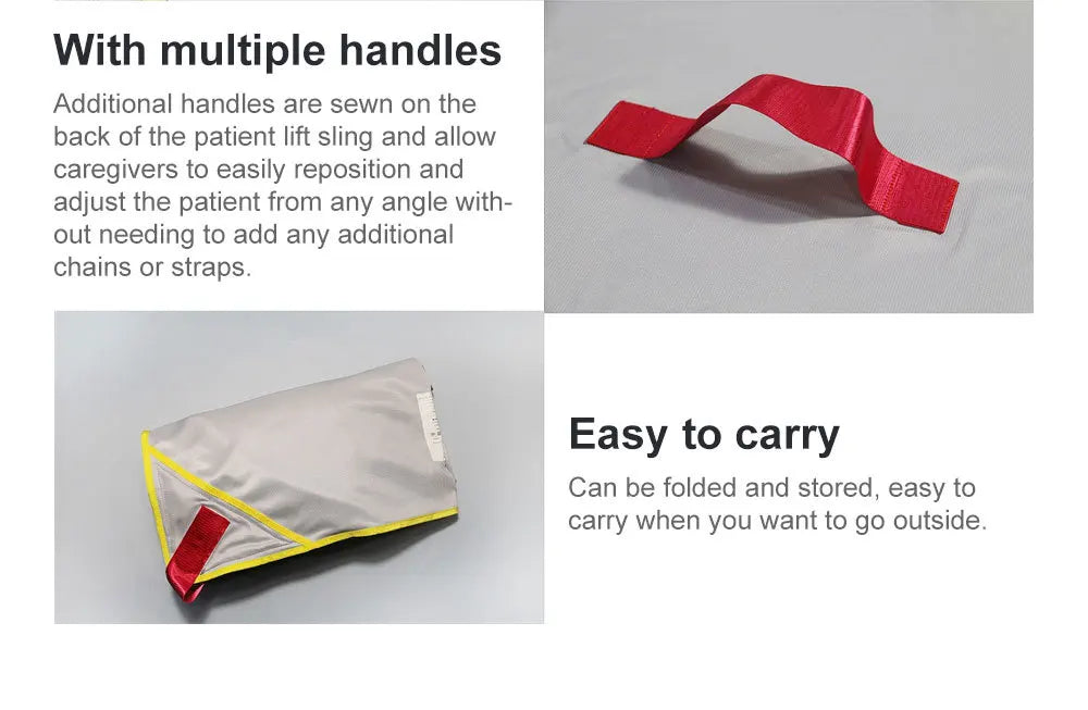 Adjustable lifting sling with assist straps for disabled patients, designed for safe and comfortable mobility assistance.