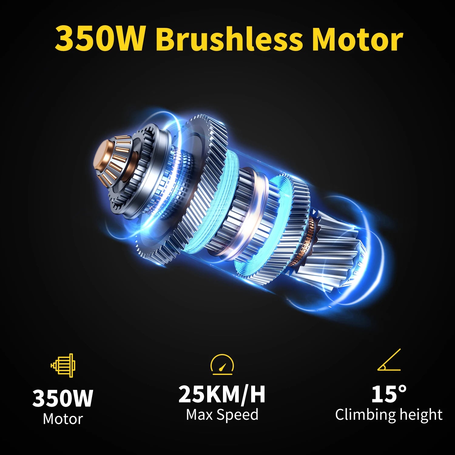Hidoes C5 350W brushless motor electric bicycle graphic showing 25KM/H max speed and 15° climbing height