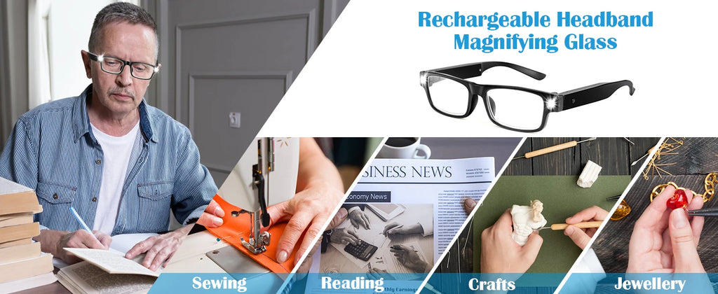 200% magnifying glasses with lamp and USB rechargeable LED, ideal for detailed viewing and close-up work.