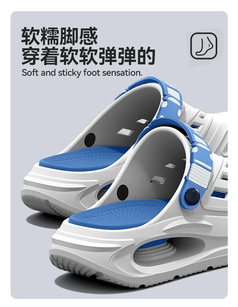 Slide sandals with white body, blue adjustable strap, contoured blue footbed and anti-slip sole