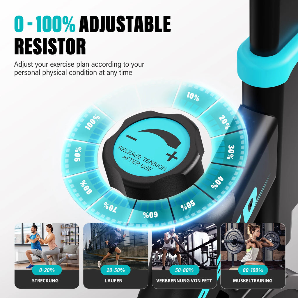 Upright spin exercise bike with turquoise 0-100% adjustable resistance dial on blue-black frame MobilityBuy.com