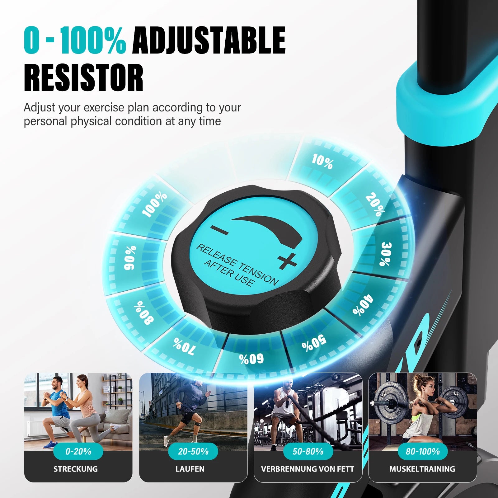 Upright spin exercise bike with turquoise 0-100% adjustable resistance dial on blue-black frame MobilityBuy.com