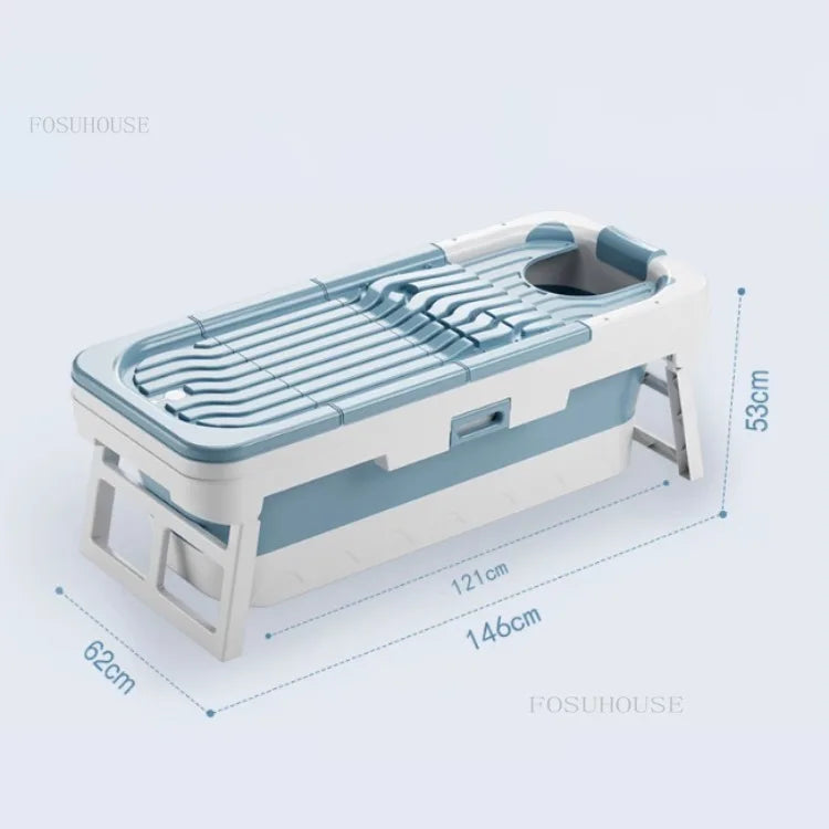 Portable folding bathtub for adults, blue and white plastic spa tub with lid
