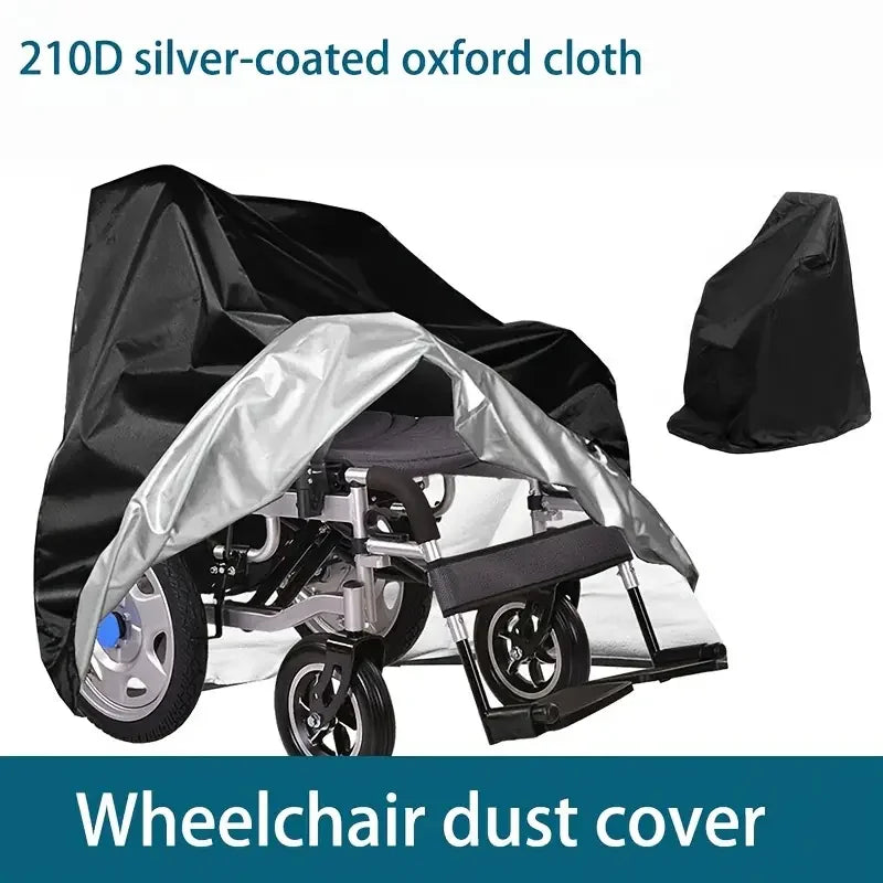 Durable heavy-duty electric wheelchair cover by Aliexpress, waterproof and windproof, shown protecting a wheelchair outdoors.