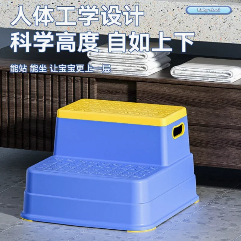 2-tier blue kid safety step stool with yellow top, non-slip steps, portable bathroom sink ladder