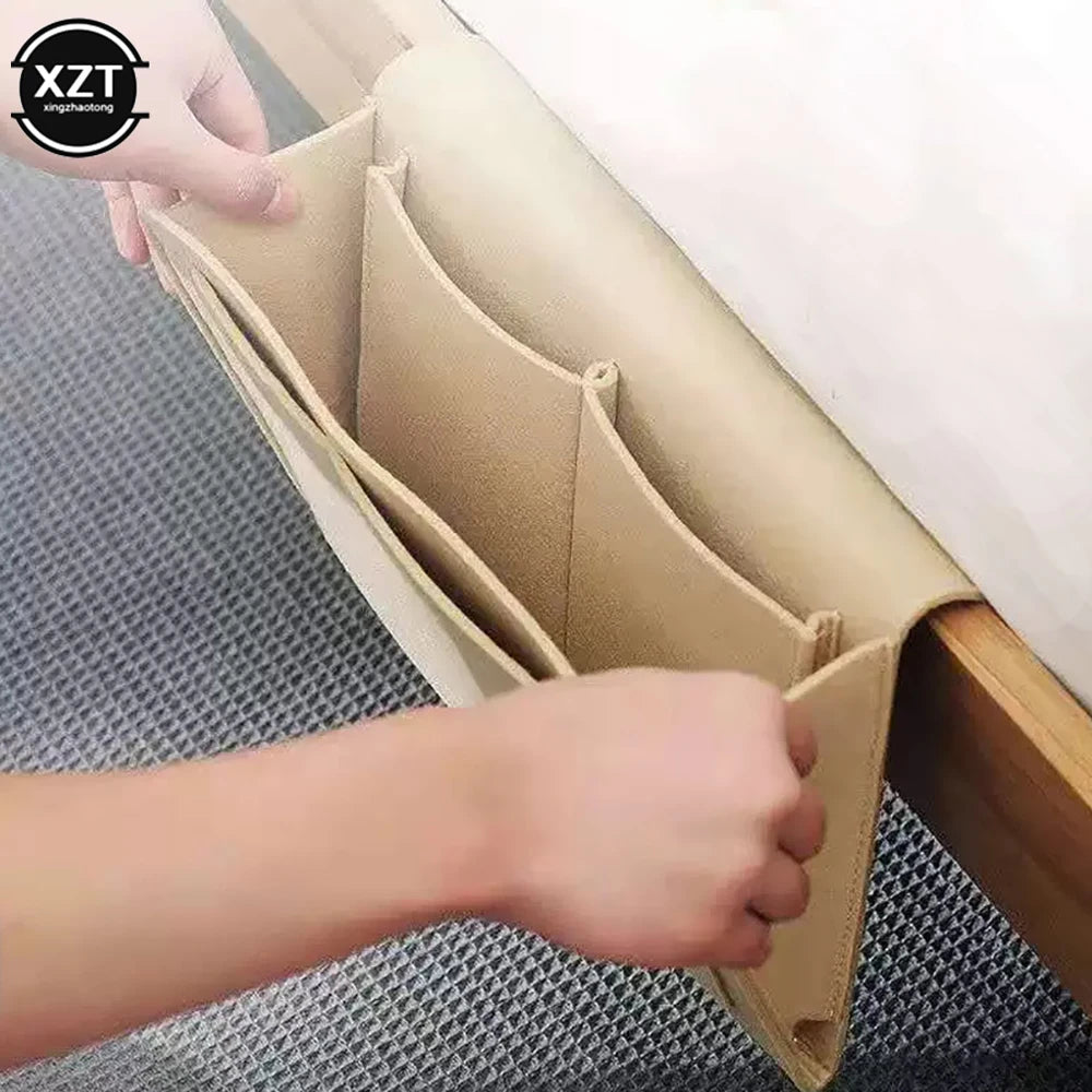 MobilityBuy beige felt bedside storage organizer with pockets for phone, books, magazines; hanging over bed or sofa